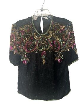 Vintage 80s Laurence Kazar Beaded Silk Blouse size M